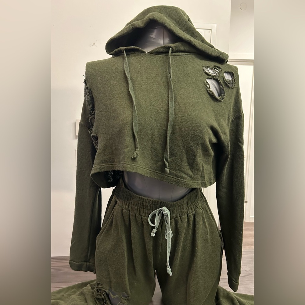 Fashion Nova Olive Green Distressed Cropped Hoodie - Picture 2 of 6